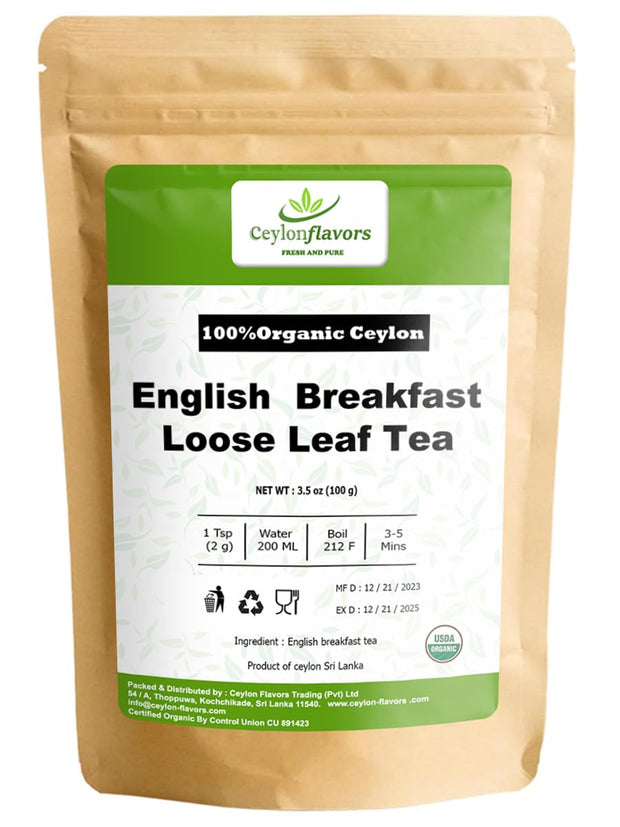 Certified Organic English Breakfast Loose Leaf Tea | From Ceylon Sri Lanka | 3.5oz / 100g