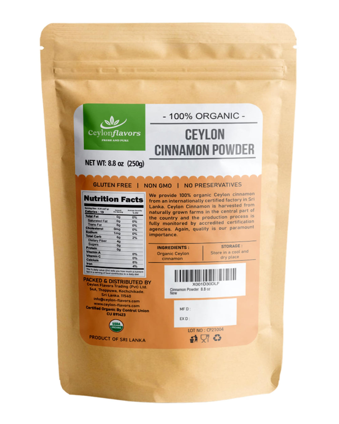 Organic Ceylon cinnamon powder premium special grade from a USDA