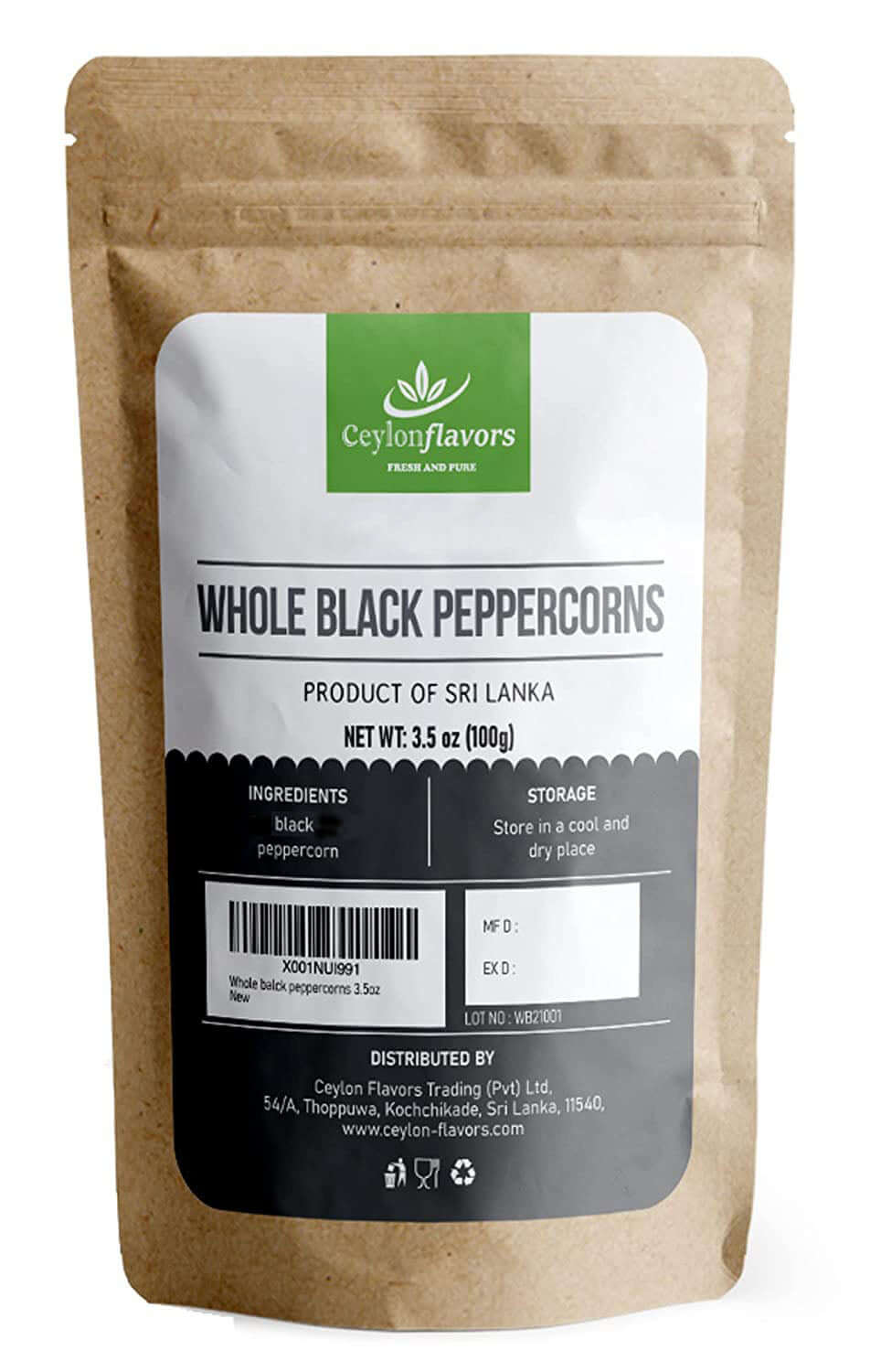Organic Black Peppercorns - Premium Grade (3.5oz/100g) Ceylon Flavors - Fresh and Pure