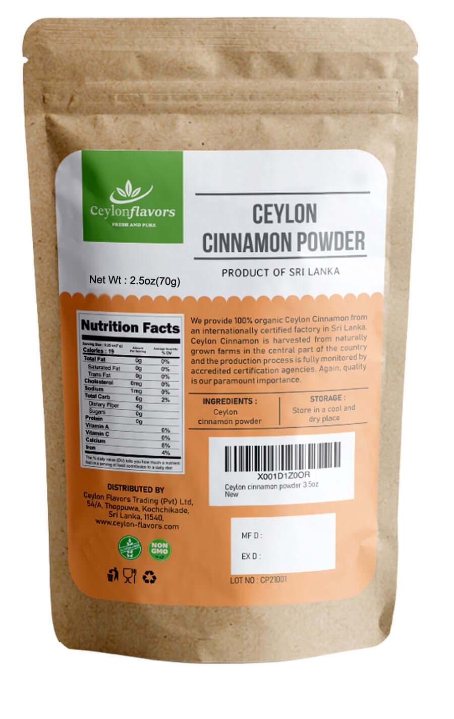 Organic Ceylon Cinnamon Powder - Premium Grade (2.5oz/70g) Ceylon Flavors - Fresh and Pure