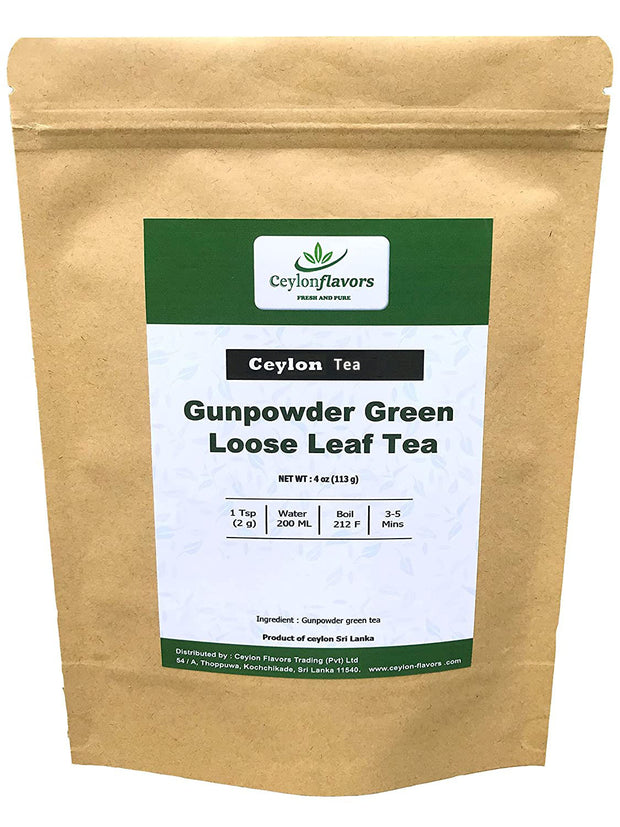 Organic Gunpowder Green Tea - Loose Leaf Tea, (4oz/113g) Ceylon Flavors - Fresh and Pure