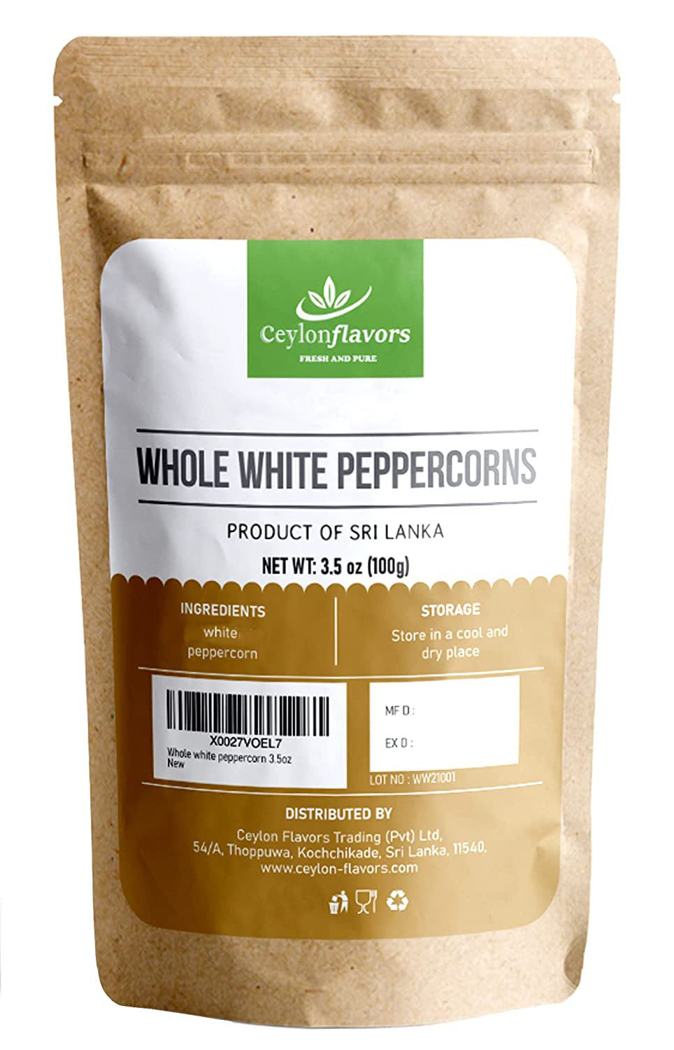 Organic White Peppercorn-Premium Grade, (3.5oz/100g) Ceylon Flavors - Fresh and Pure